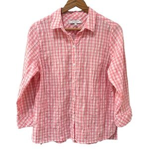 Foxcroft pink gingham puckered button down, 3/4 sleeve. 12P